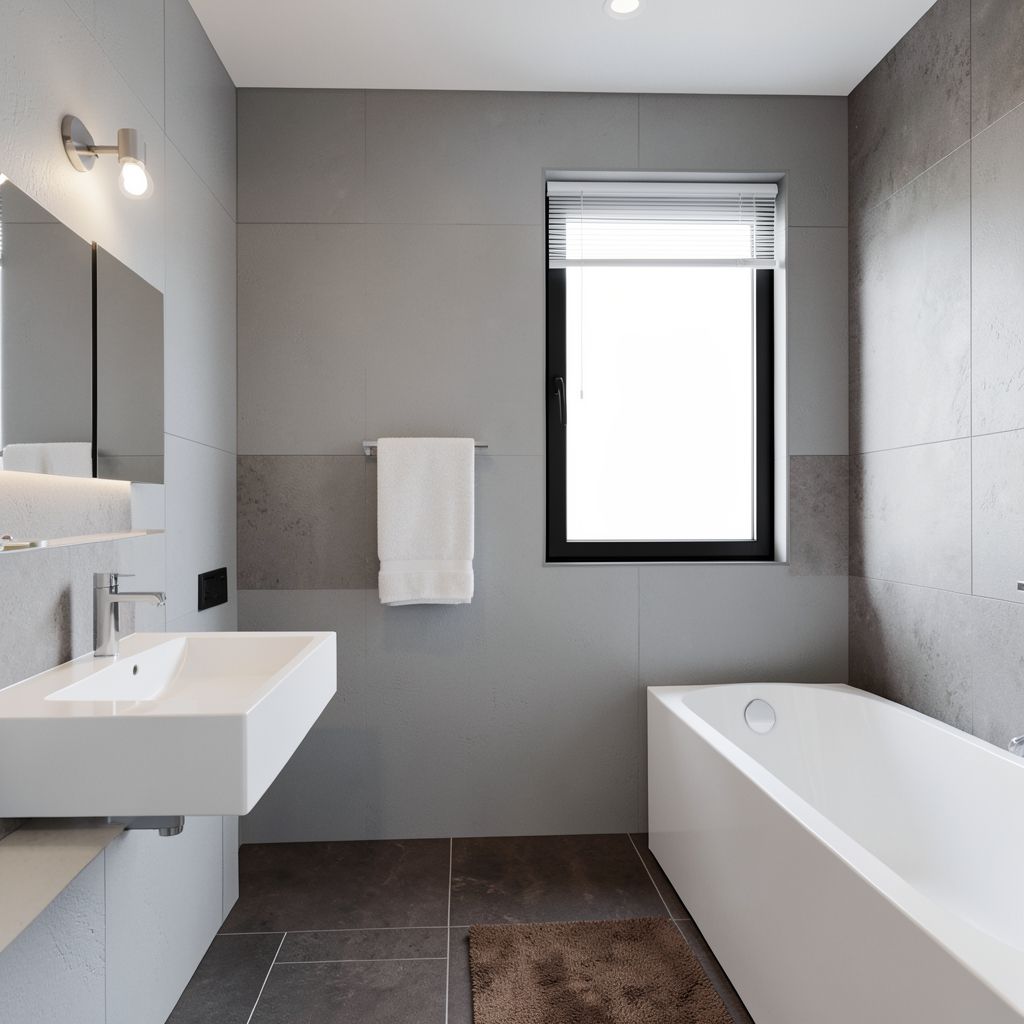 Professional bathroom remodel in Gilbert Maricopa County showcases a sleek, minimalist design with white ceramic fixtures, light gray walls, and dark brown tiles.