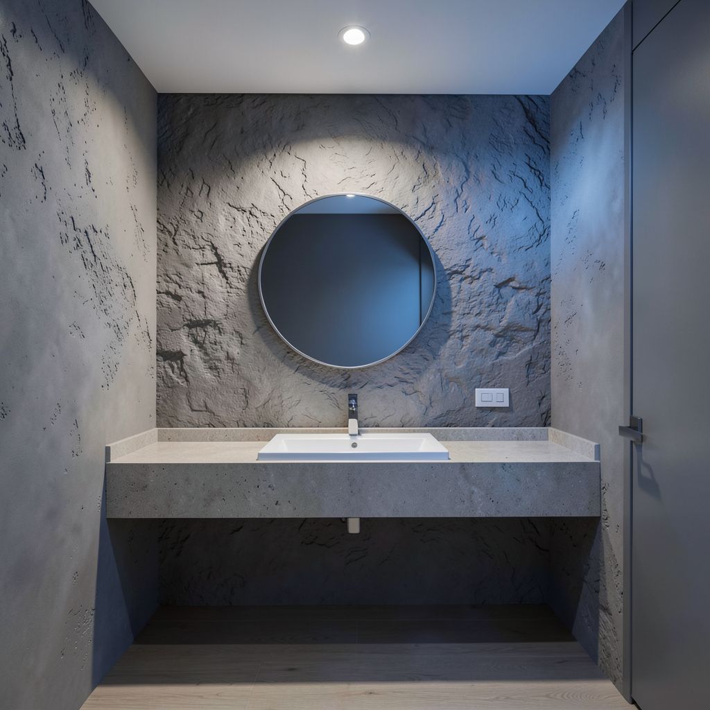 Professional bathroom remodel in Mesa Maricopa County features a minimalist design with a textured stone-like wall, circular metallic mirror, and sleek gray fixtures.