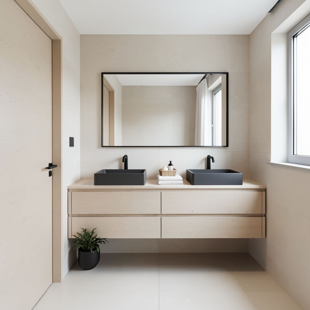 Bathroom remodel in Scottsdale Maricopa County features modern dark gray sinks and a light wood vanity under a black mirror by a window.