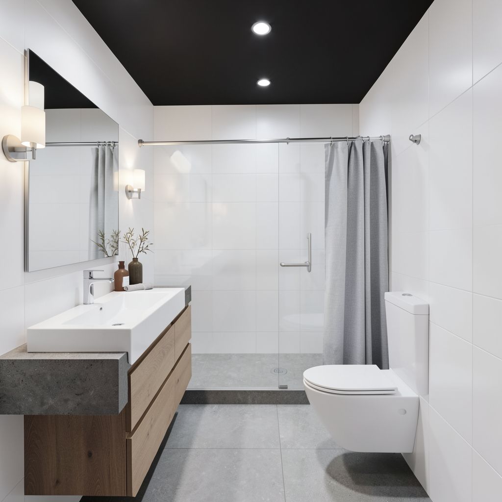 A bathroom remodel in Sun City Maricopa features a sleek modern design with white tile, gray stone countertops, and a black ceiling.