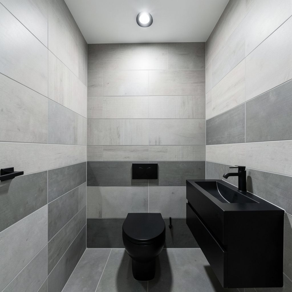 A modern bathroom remodel in Tempe Maricopa County features a minimalist gray design with light gray wood walls, dark gray tiles, and new black fixtures including a wall-mounted toilet and sink.