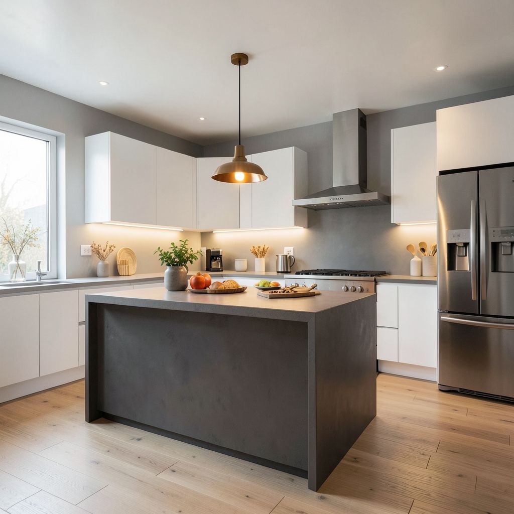 A kitchen remodel in Phoenix, AZ features a modern industrial-style kitchen with a large island centerpiece and warm lighting.