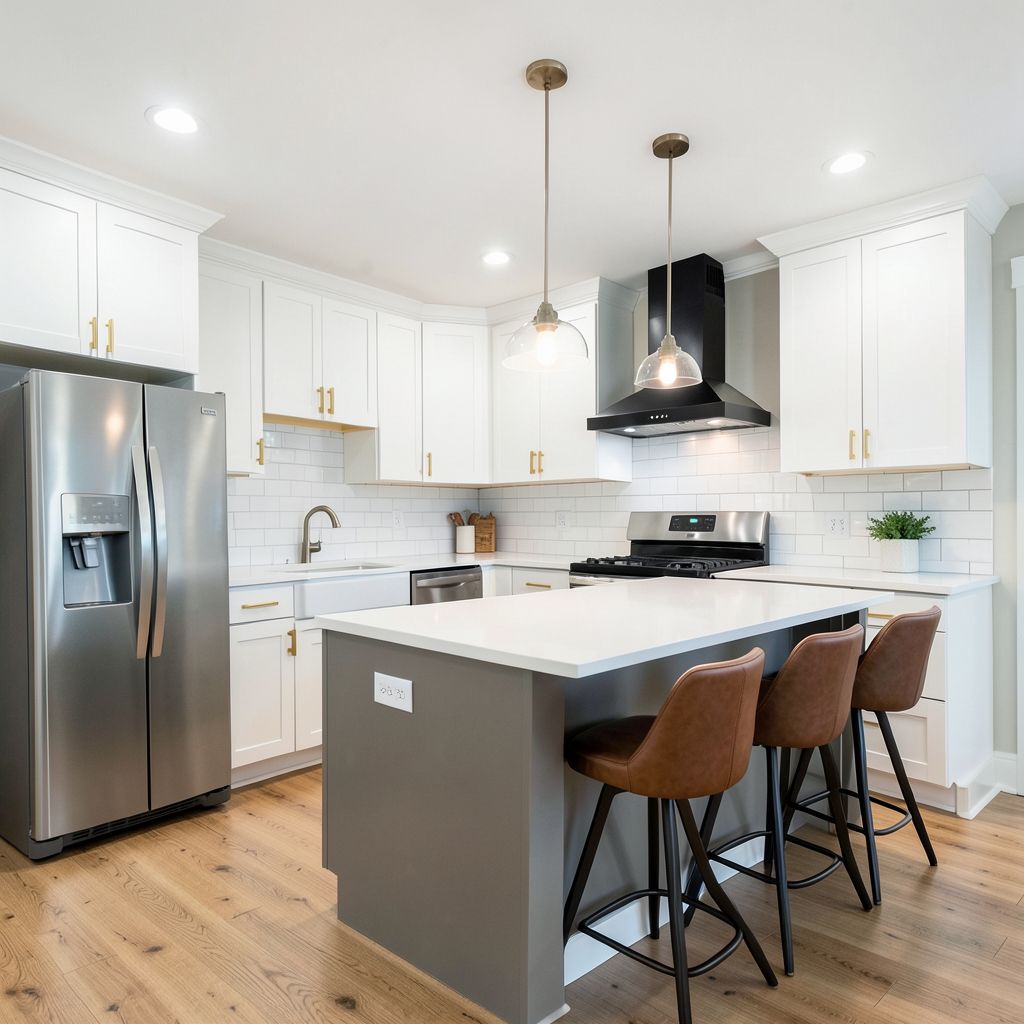 Kitchen remodel in Chandler Maricopa County features a modern, minimalist kitchen with white quartz countertops, gray island, and neutral finishes.