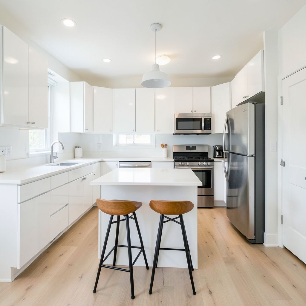 Professional kitchen remodel in Phoenix Maricopa County features a modern white kitchen with glossy cabinets, matte countertops, and light wood flooring
