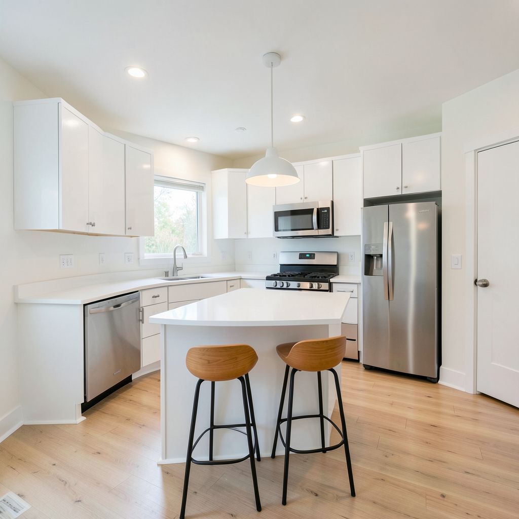 Kitchen remodel in Sun City Maricopa featuring white cabinets, a white countertop, and light wood flooring with modern lighting fixtures